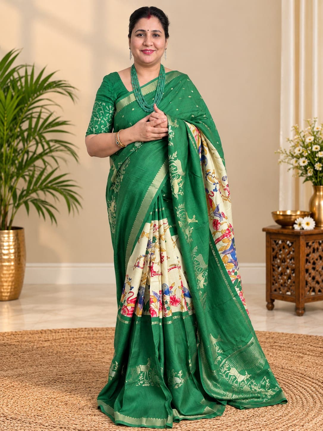 Pure Chinon Silk Saree – Dark Green