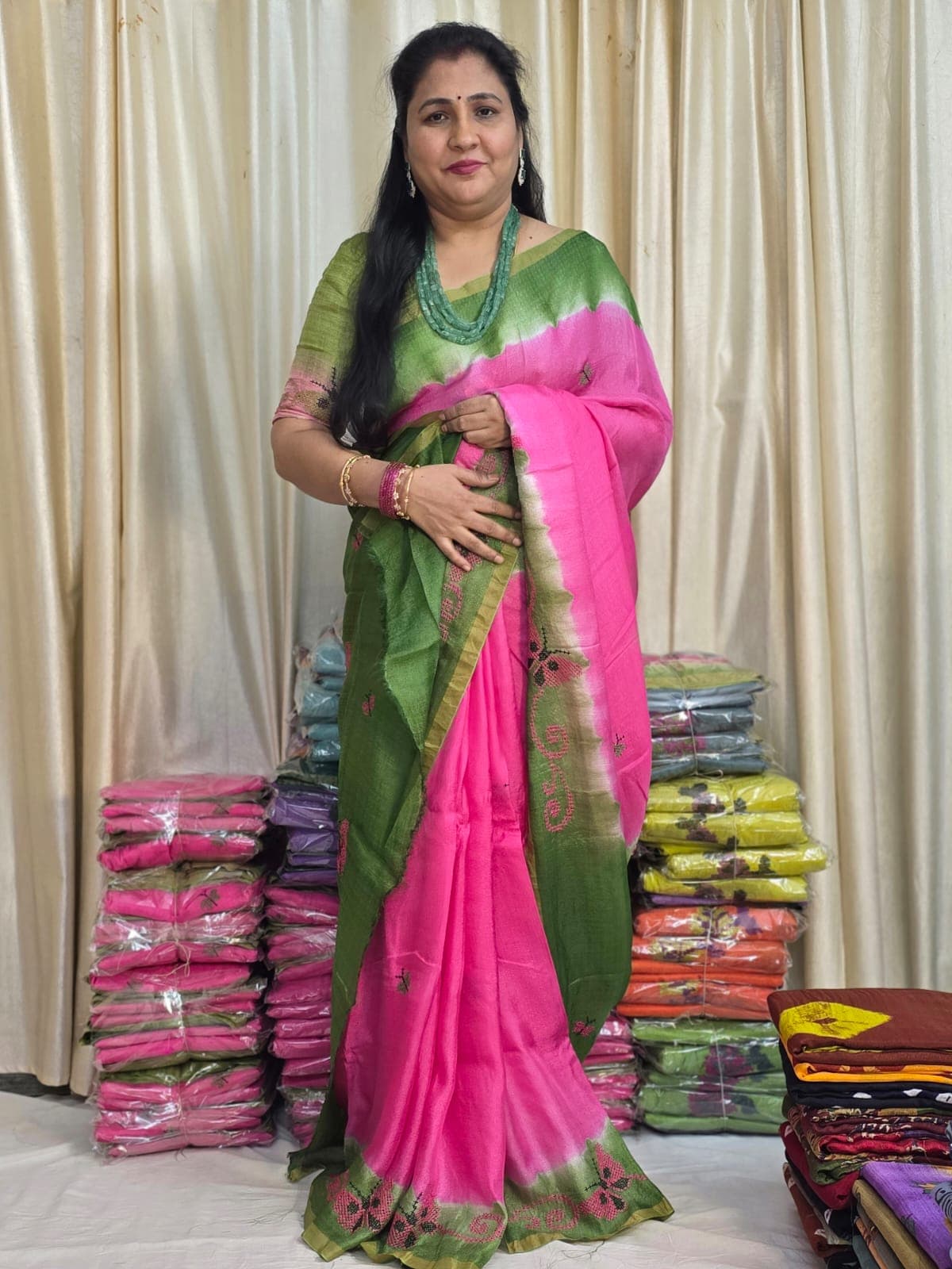 Pure Jute Georgette Saree – Pink and Green