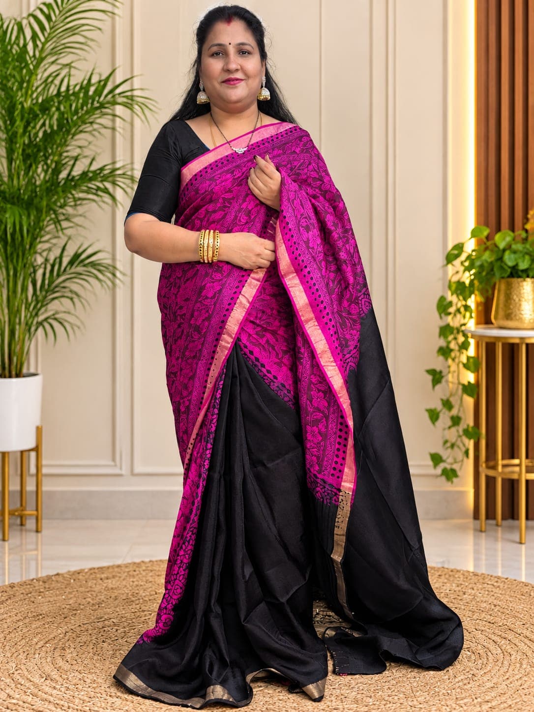 Pure Jute Georgette Partly Pallu Saree – Deep Magenta Pink